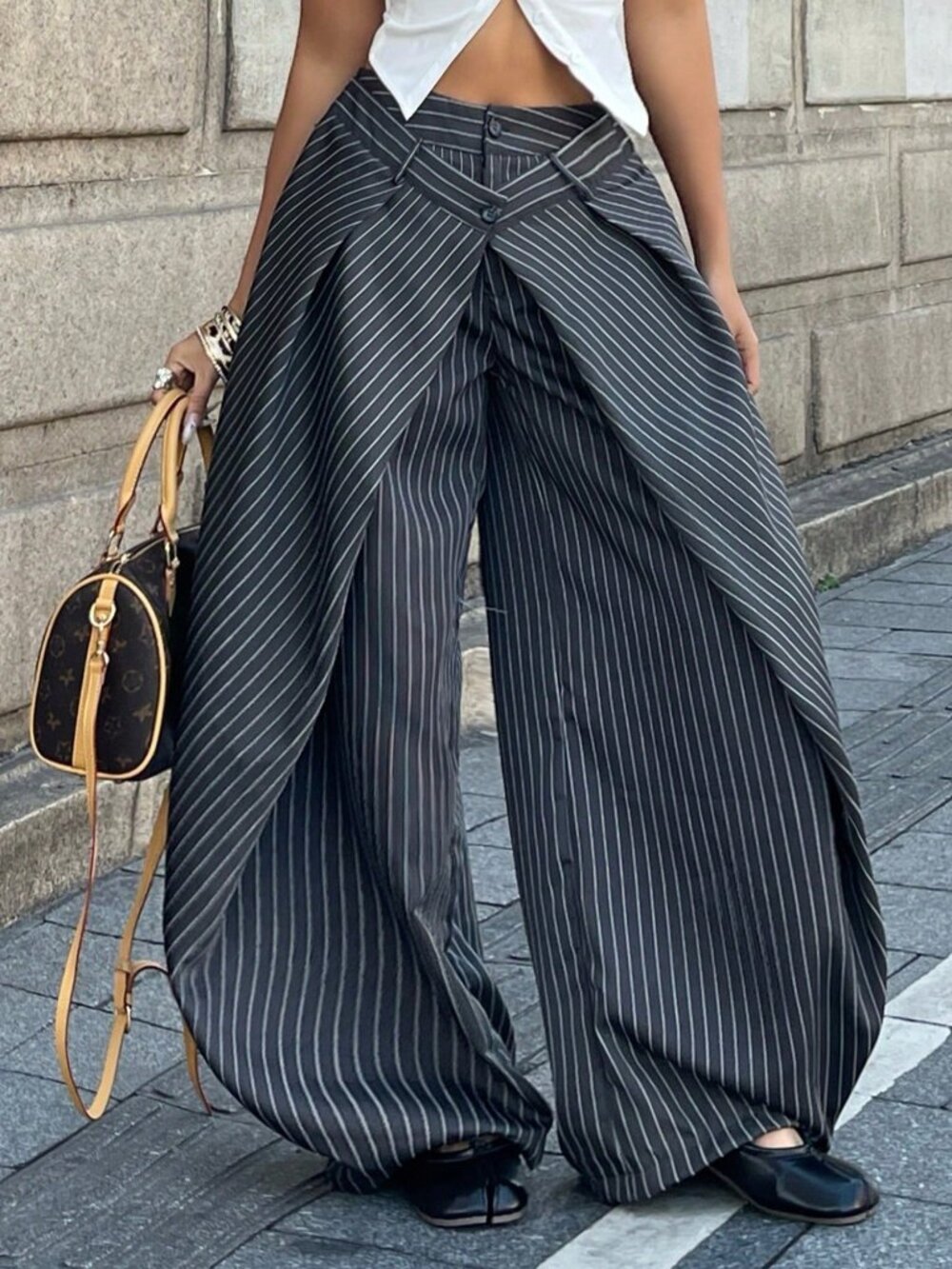 Grey Casual Women's Striped Baggy Wide Leg Curved Hem Office Pants - Picture 1 of 7